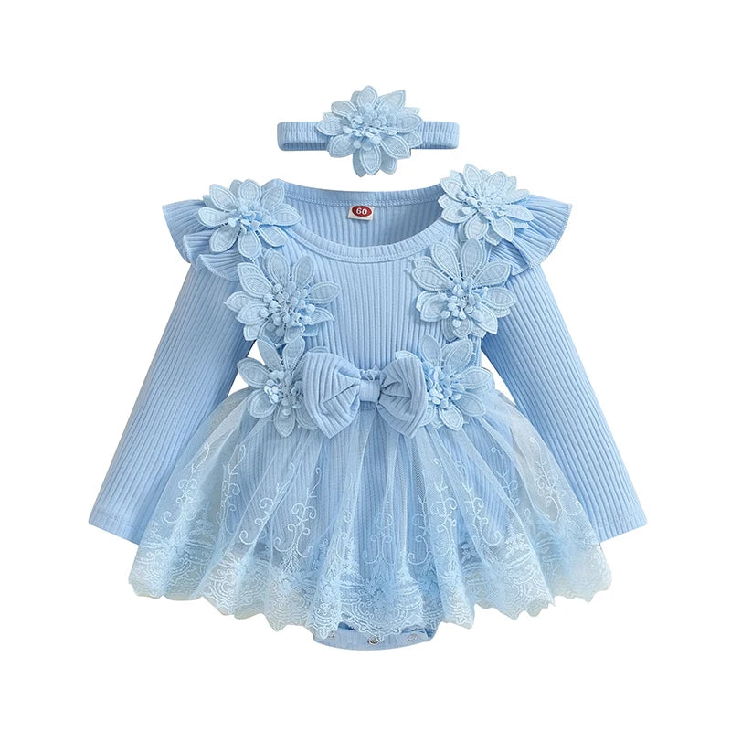 Blue baby girl long sleeve ribbed floral tutu romper dress with matching 3D flower headband.