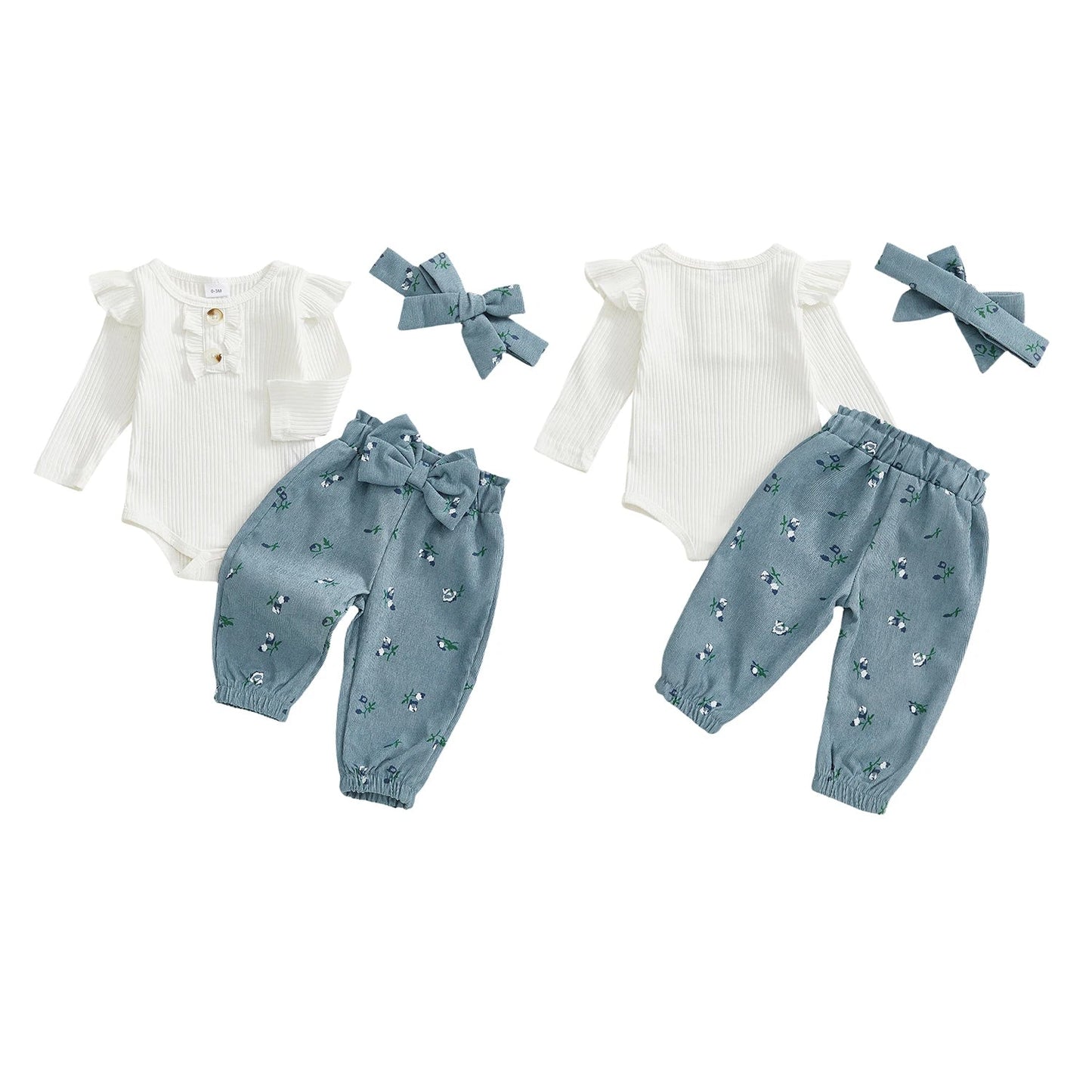 Front and back view of the baby girl 3-piece outfit featuring a white long-sleeve bodysuit and dusty blue floral corduroy pants.