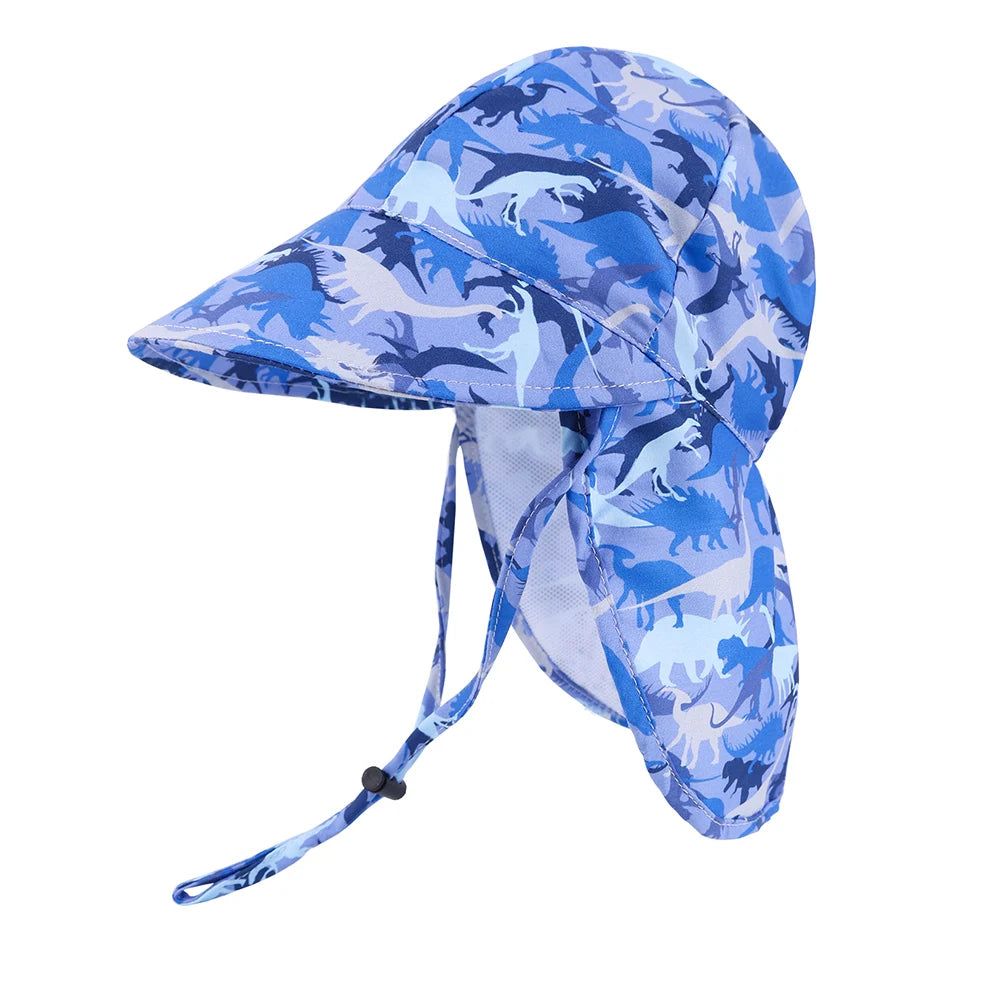 Blue camo dinosaur print toddler sun hat featuring a wide front brim, neck flap, and adjustable chin strap on a white background.