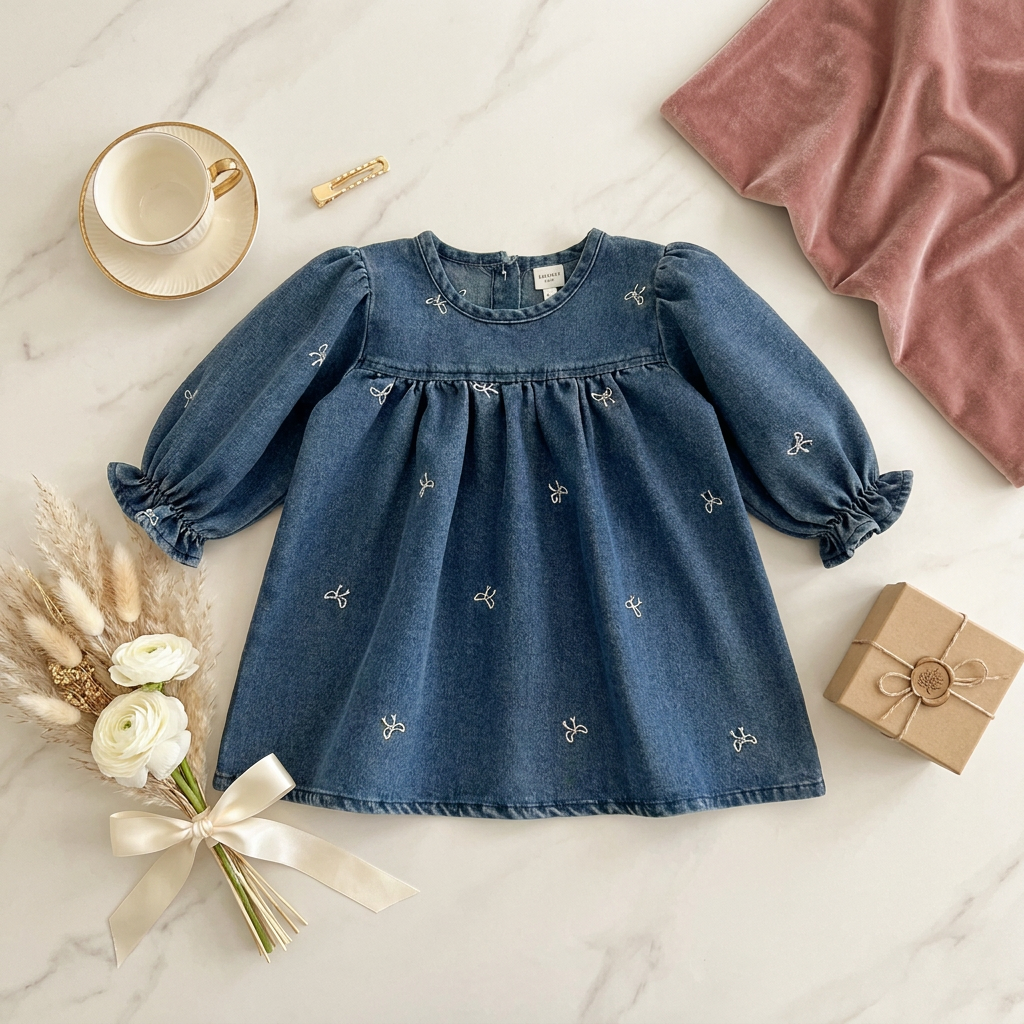 Styled flat lay of the blue denim toddler dress with embroidered bows, surrounded by a teacup, dried florals, and pink fabric.