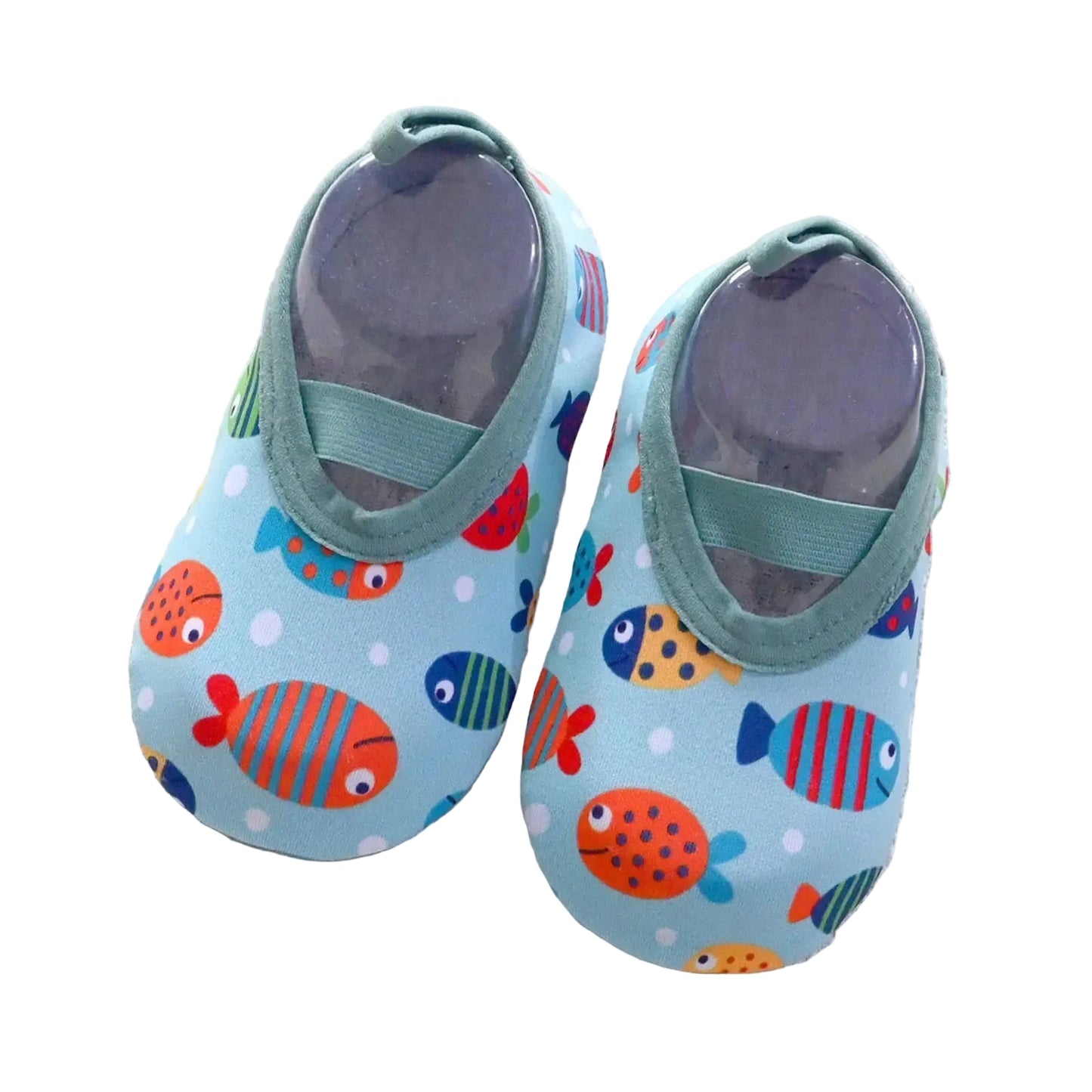 Kidsely bright blue toddler pool shoes with orange and blue tropical fish pattern.