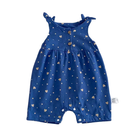 Blue heart print baby girl cotton bubble romper with tie-straps on a white background.