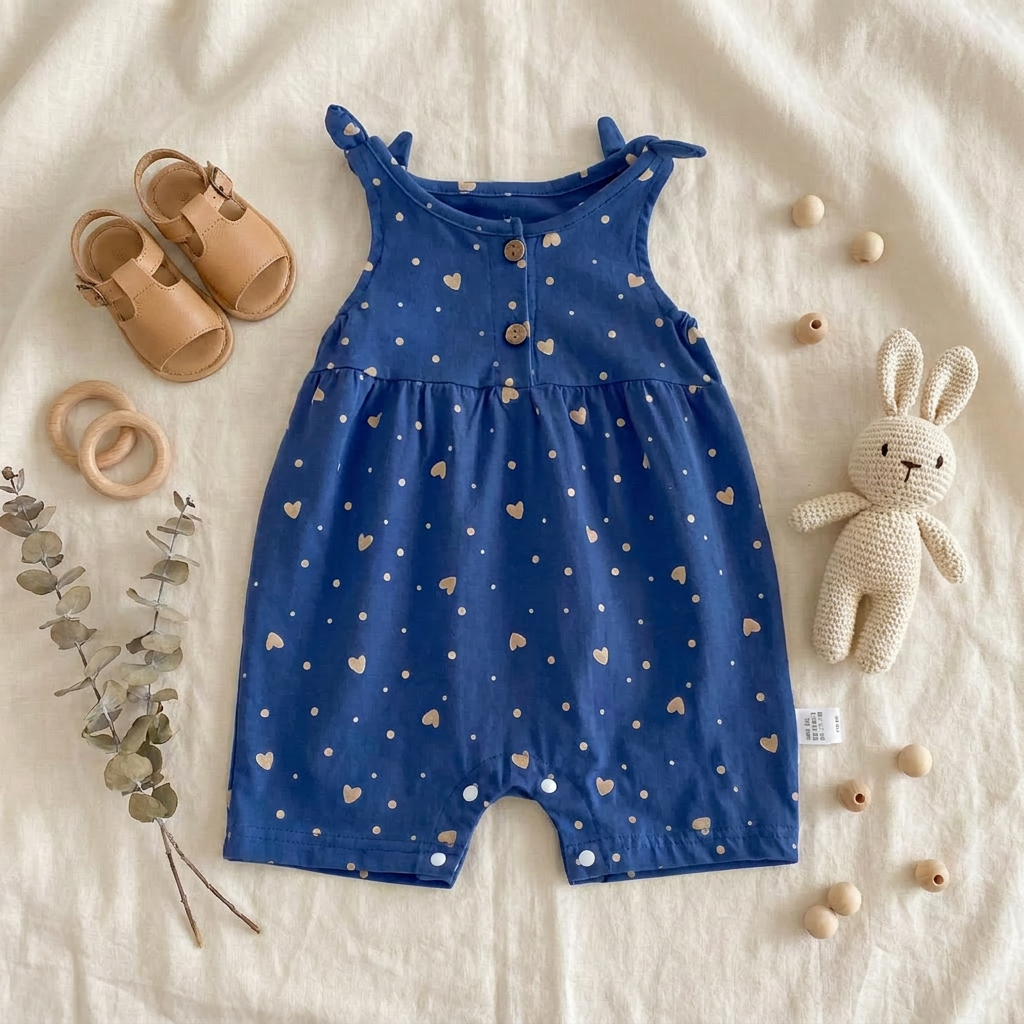 Stylized flat lay of a blue heart print infant girl romper next to wooden teething toys and baby sandals.