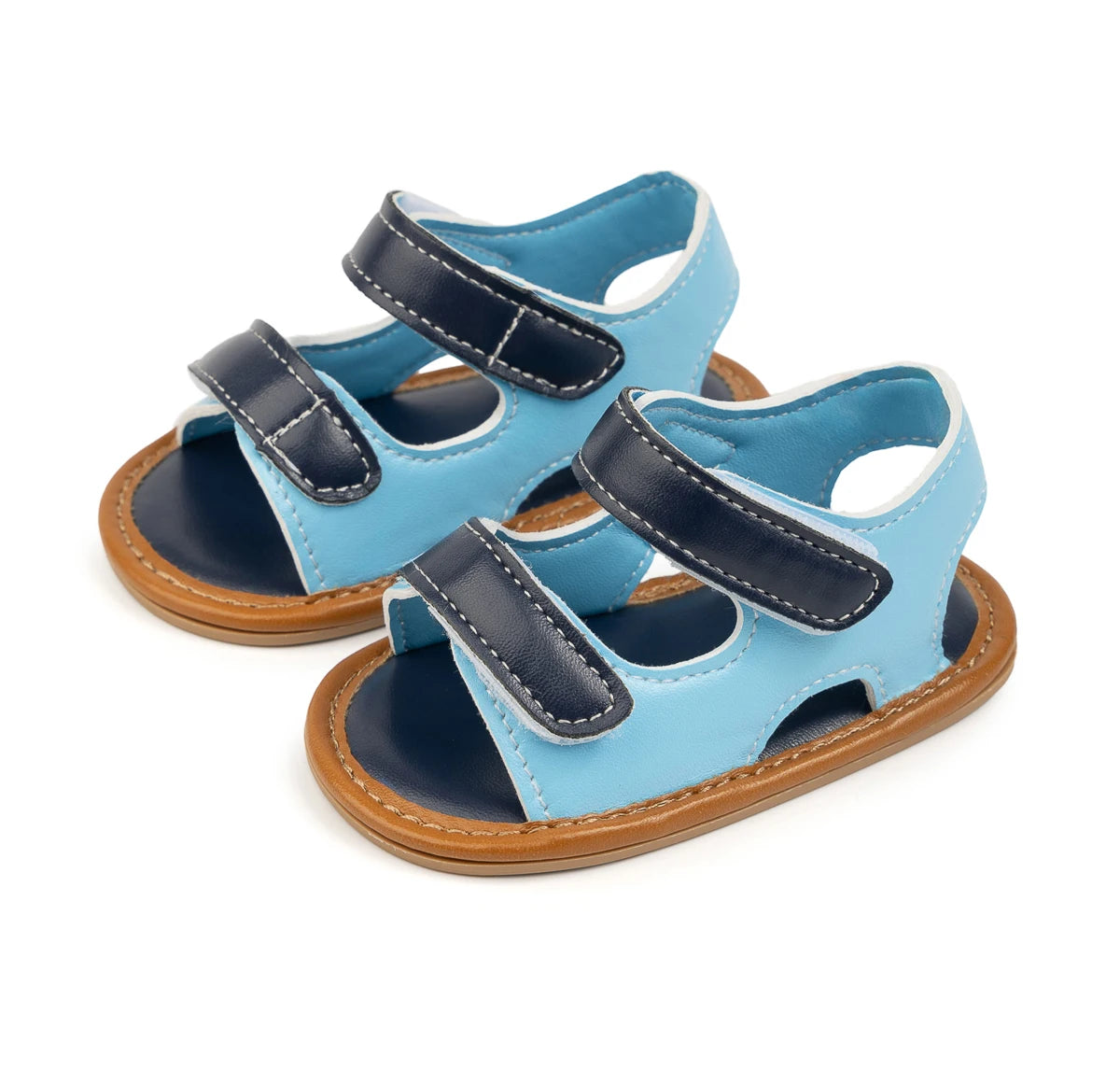 Light blue and navy vegan leather baby boy sandals on a white background.
