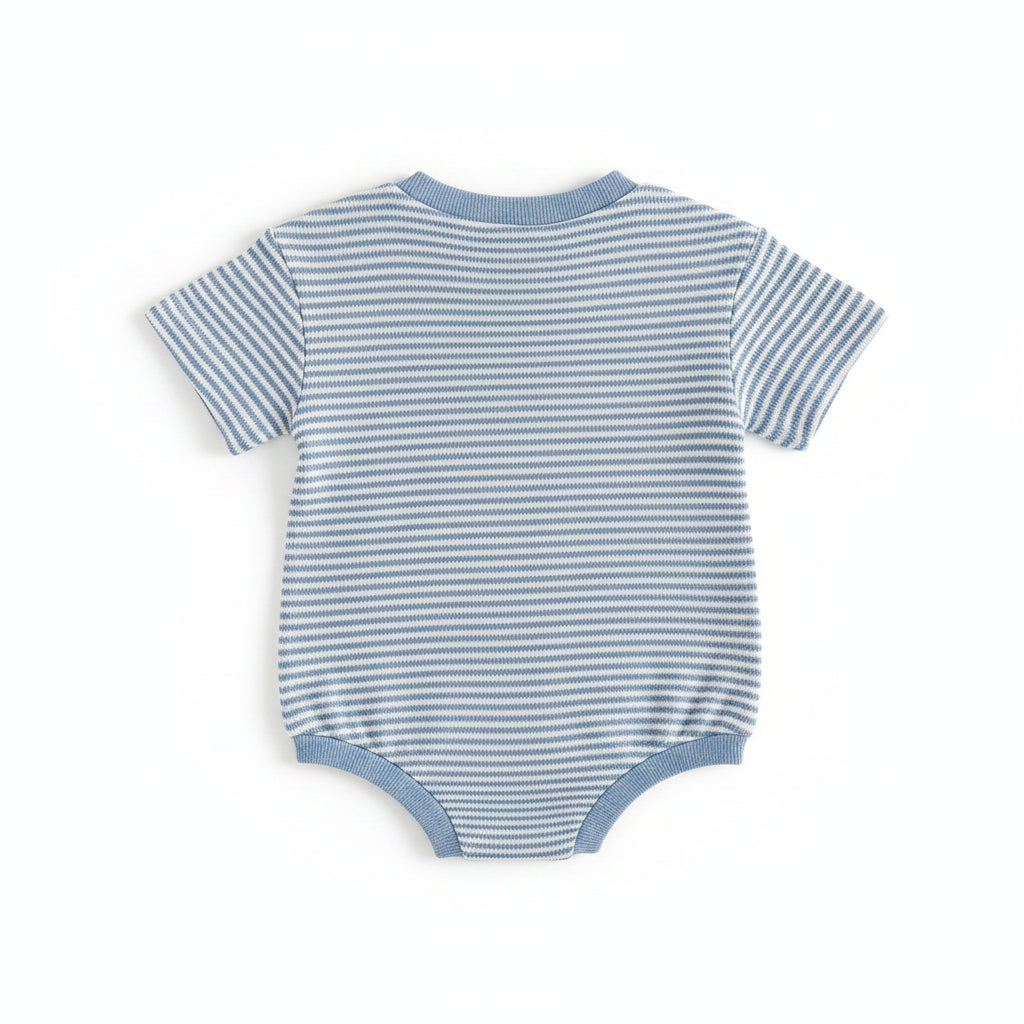 Back view of the blue and white striped short-sleeve baby boy waffle knit bodysuit showing the bottom snap closures.