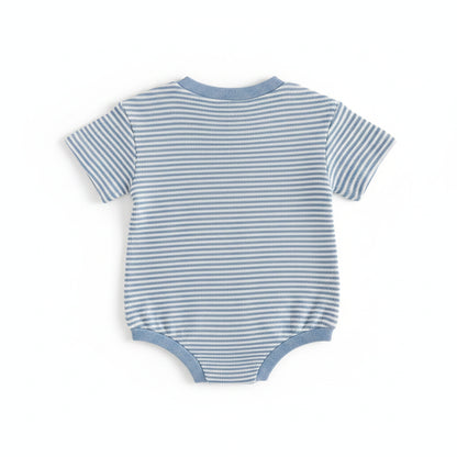 Back view of the blue and white striped short-sleeve baby boy waffle knit bodysuit showing the bottom snap closures.