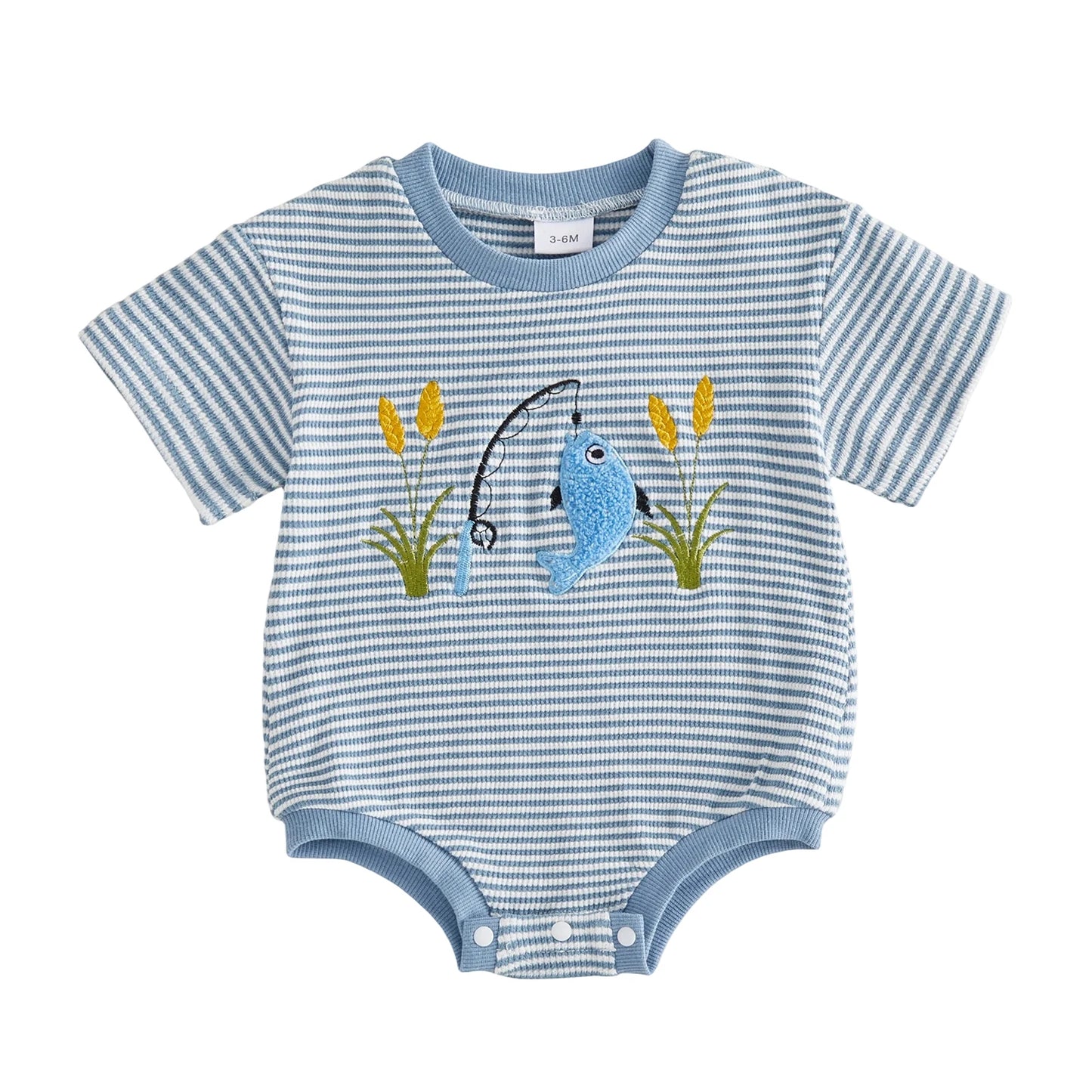 Front view of a blue and white striped waffle knit baby boy romper featuring a textured embroidered blue bass and fishing pole.