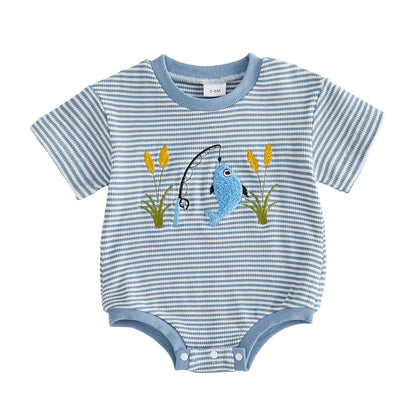 Front view of a blue and white striped waffle knit baby boy romper featuring a textured embroidered blue bass and fishing pole.