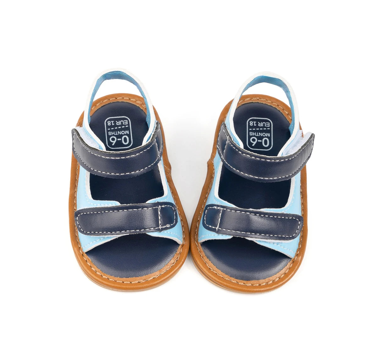 Front view of breathable light blue and navy toddler open-toe sandals.