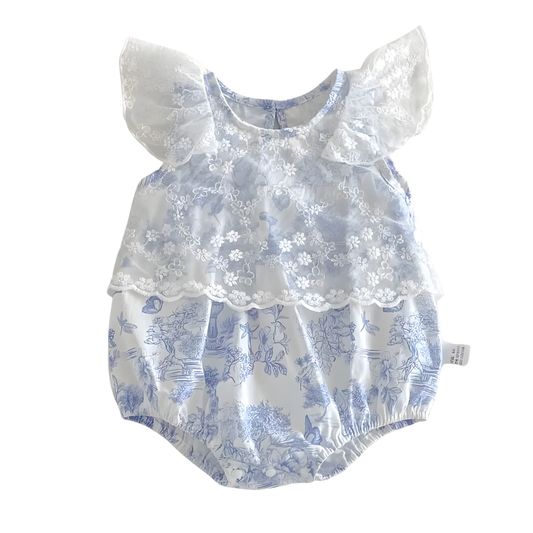 Blue Vintage Floral Toile Print and white lace baby girl's romper on a white background