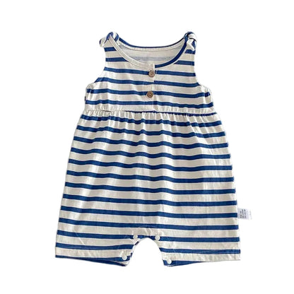 Blue and white striped baby girl cotton bubble romper with wooden front buttons on a white background.