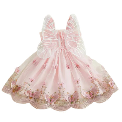 Close up of Blush Pink Butterfly Embroidery Baby Girls Princess Dress with 3D fairy wings and floral details for birthday parties.