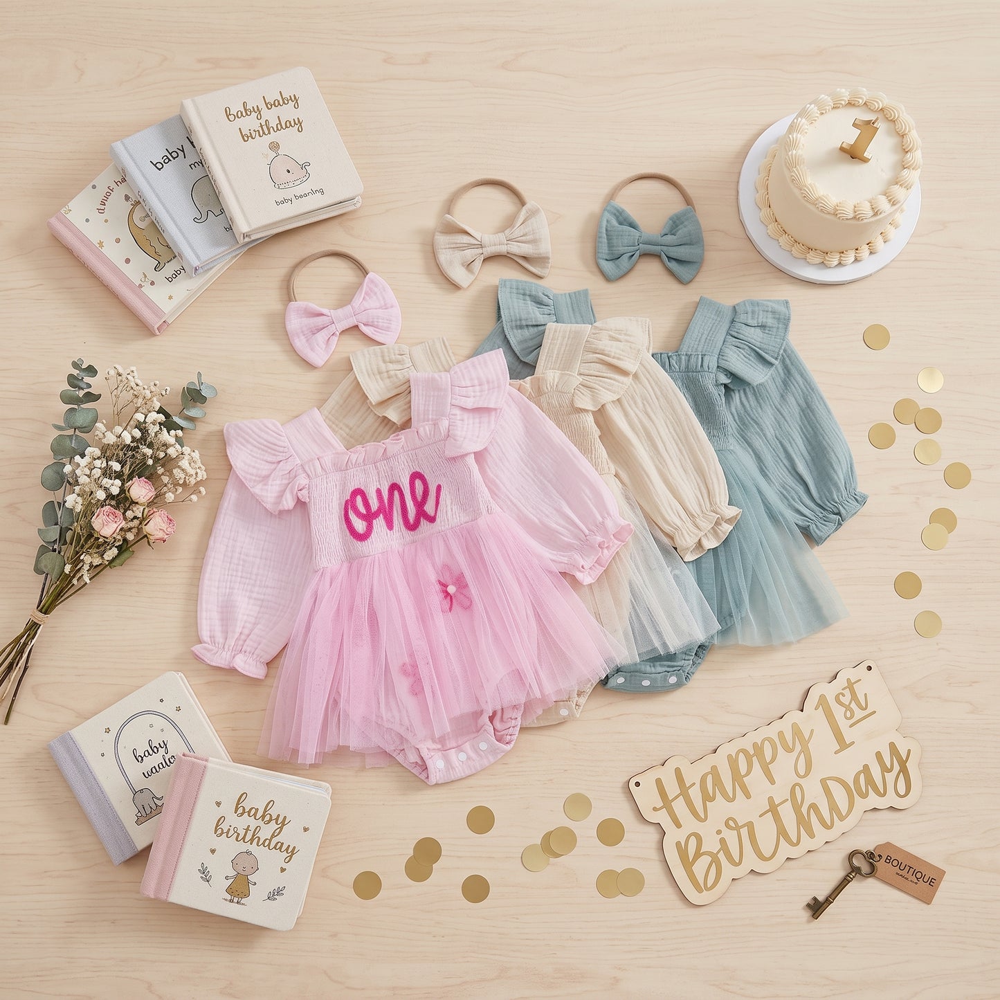Flat lay arrangement of pink, cream, and sage blue boho 1st birthday romper dresses with headband sets and birthday decor