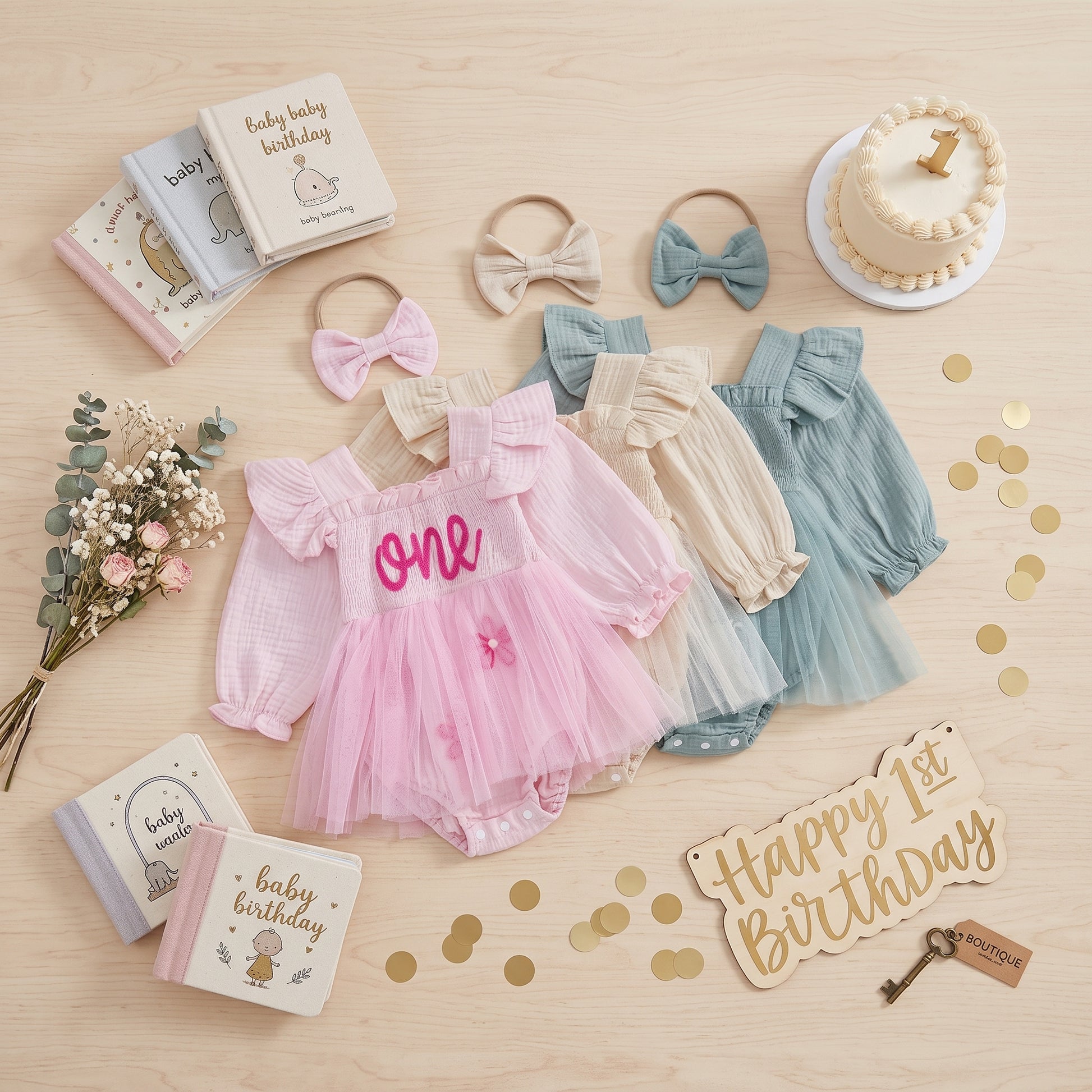 Flat lay arrangement of pink, cream, and sage blue boho 1st birthday romper dresses with headband sets and birthday decor