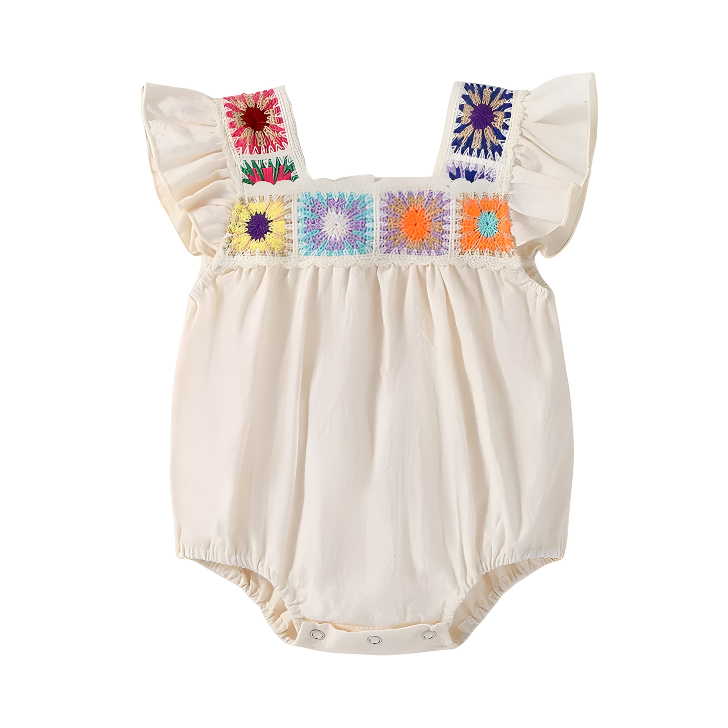 Beige boho baby girl romper with multi-colored square crochet floral panels across the chest and ruffled fly sleeves.