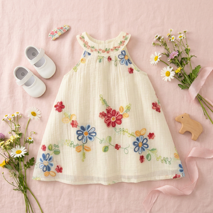 Flat lay arrangement of the embroidered baby dress, white lace shoes, and flowers on a pink background for style inspiration.