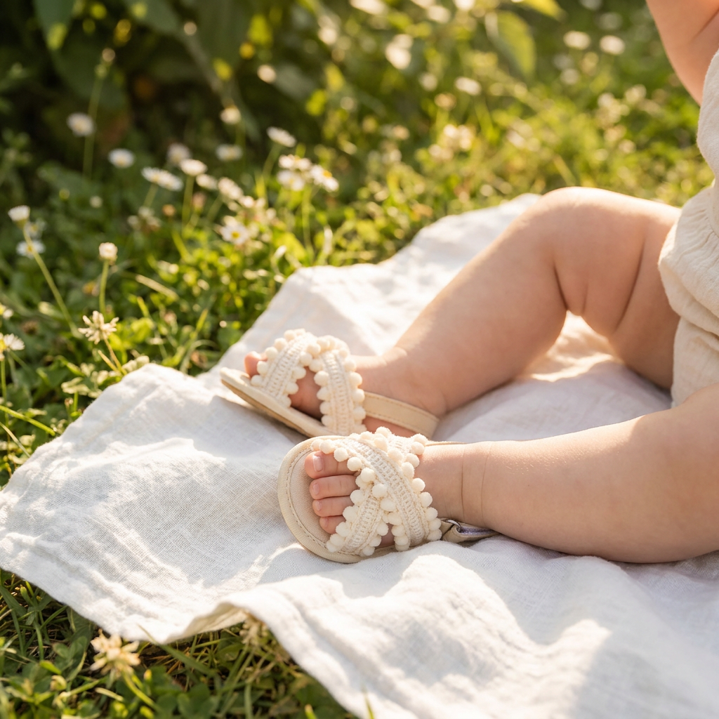 Infant girl wearing beige boho pom pom sandals sitting on a white blanket outdoors.