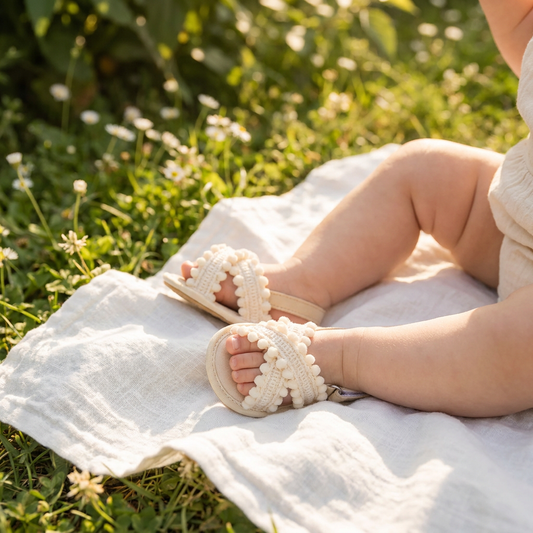 Infant girl wearing beige boho pom pom sandals sitting on a white blanket outdoors.
