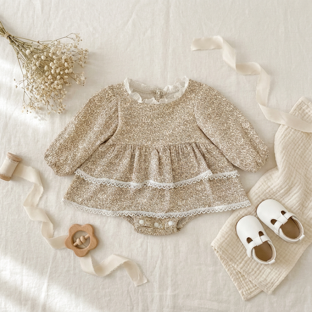 Styled flat lay of the vintage beige floral long sleeve baby romper dress paired with tiny baby shoes and a wooden teether on a soft blanket.