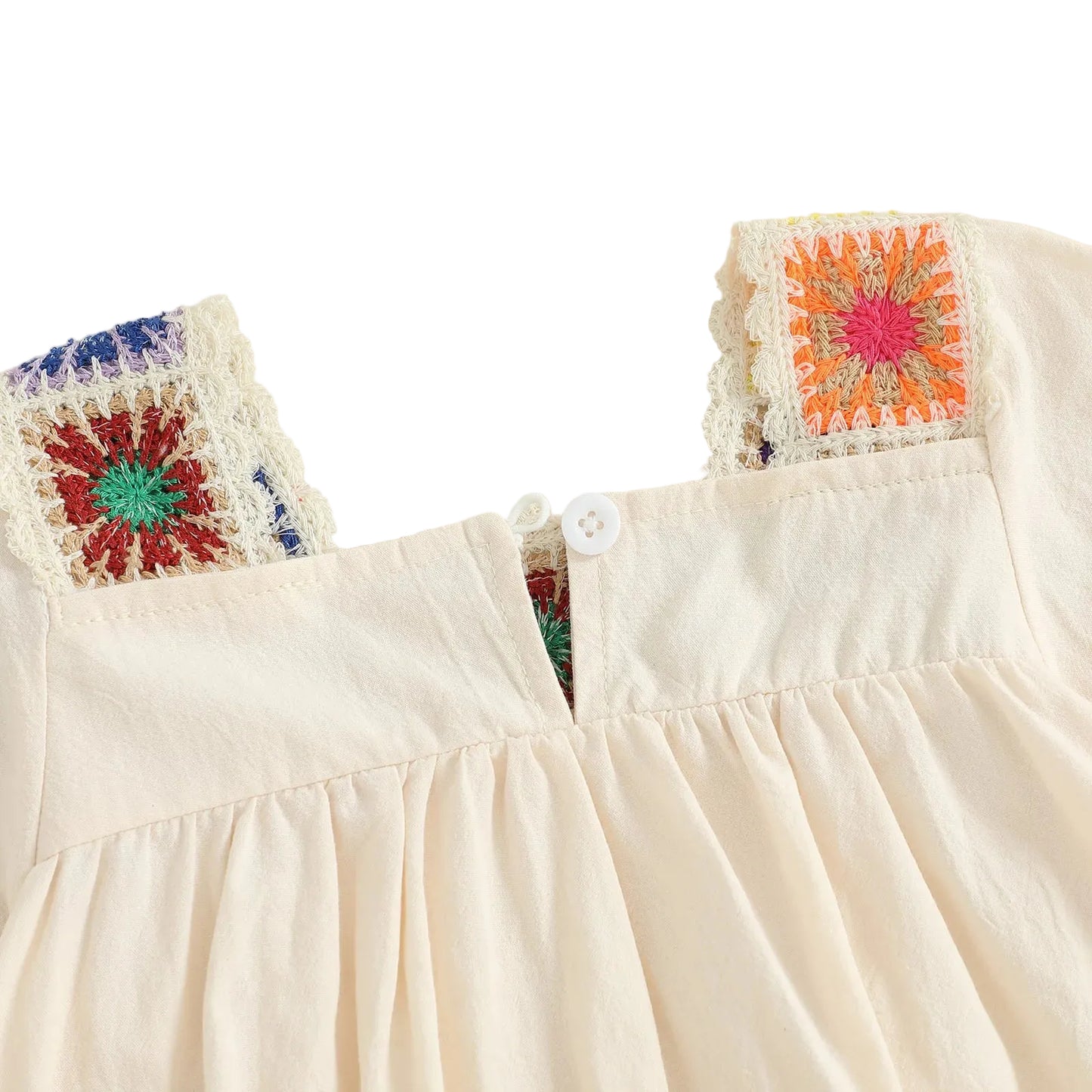 Rear detailed view of the long-sleeve baby romper showing the single white button closure at the top of the square neckline.