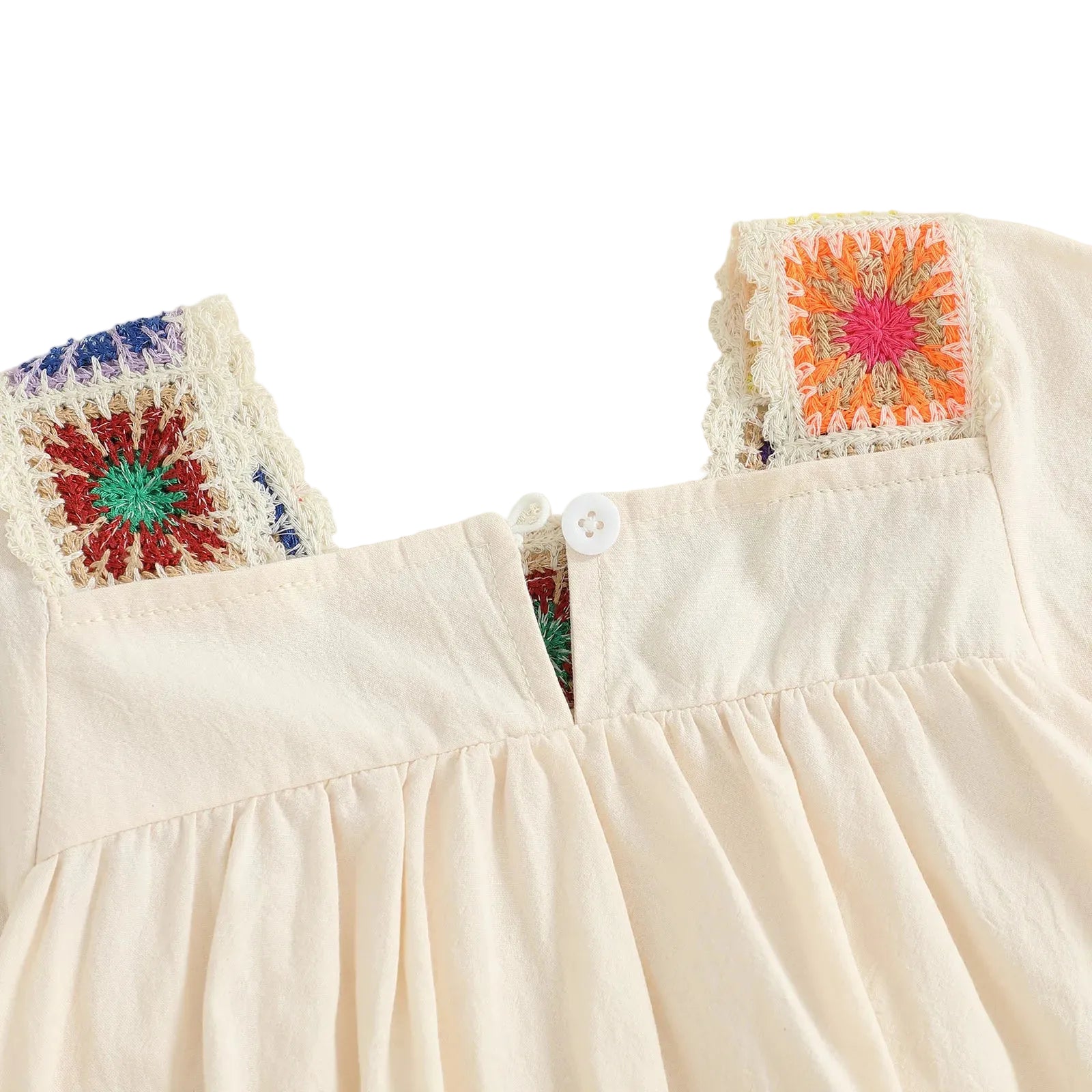 Rear detailed view of the long-sleeve baby romper showing the single white button closure at the top of the square neckline.
