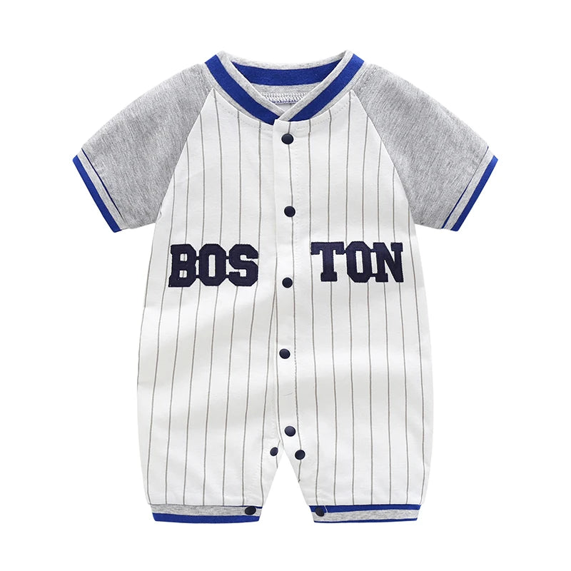 Boston baby boy baseball shortall in 100% pure cotton featuring navy pinstripes and athletic grey sleeves.