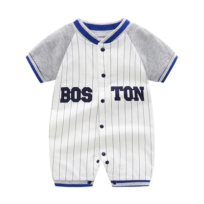 Boston baby boy baseball shortall in 100% pure cotton featuring navy pinstripes and athletic grey sleeves.