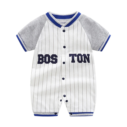Boston baby boy baseball shortall in 100% pure cotton featuring navy pinstripes and athletic grey sleeves.