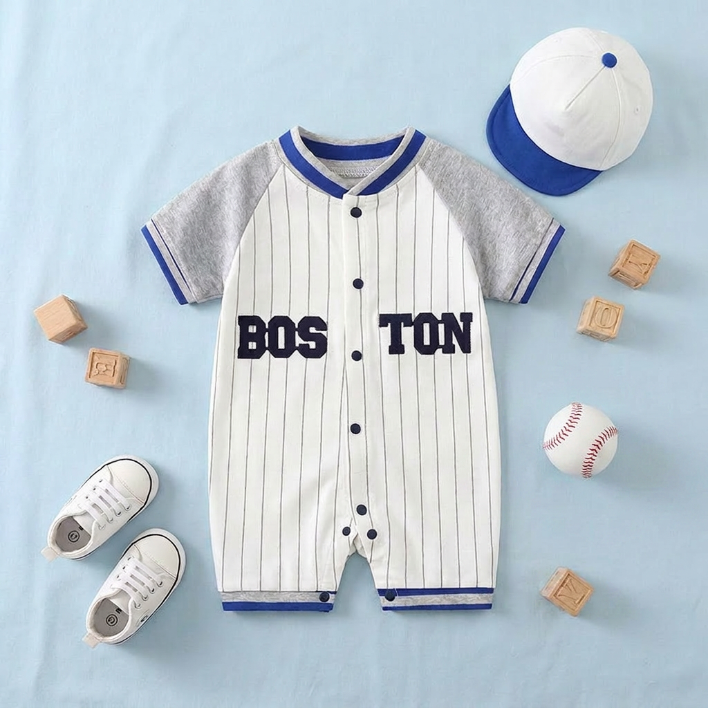 Baby romper with 'Boston' print, baseball cap, shoes, and blocks on a light blue background