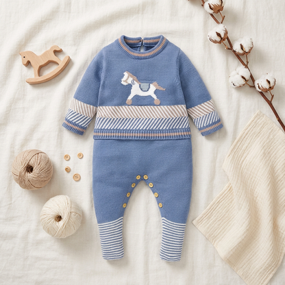 Boutique flatlay arrangement of the sky blue newborn knit sweater jumpsuit styled next to aesthetic wooden baby toys, ideal for a baby shower gift.