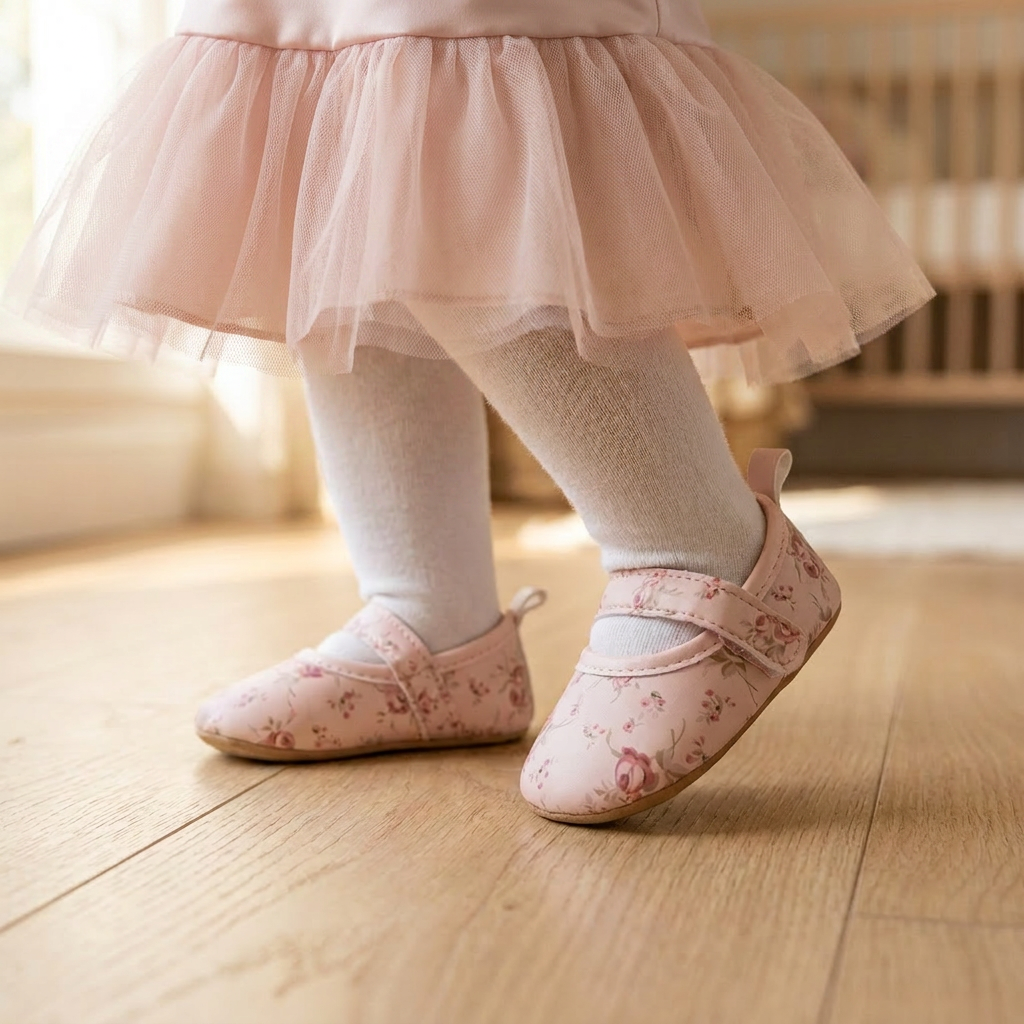 Toddler wearing pink floral boutique baby shoes with a tulle skirt and white tights walking on a wooden floor.