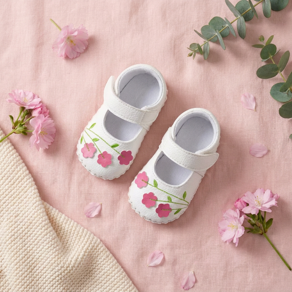 A styled boutique flat lay photograph of the white baby girl floral shoes resting on a soft pink surface, surrounded by loose pink flower petals and sprigs of eucalyptus.