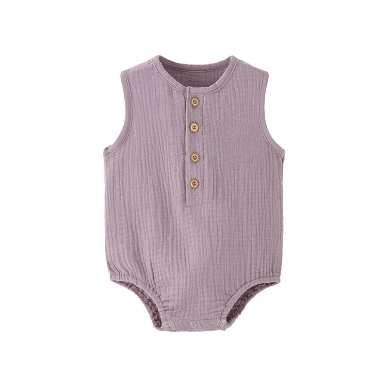 Kidsely Sophisticated Dusty Lilac purple muslin cotton romper for babies, a premium baby shower gift choice for summer outings.
