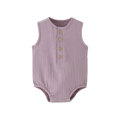 Kidsely Sophisticated Dusty Lilac purple muslin cotton romper for babies, a premium baby shower gift choice for summer outings.