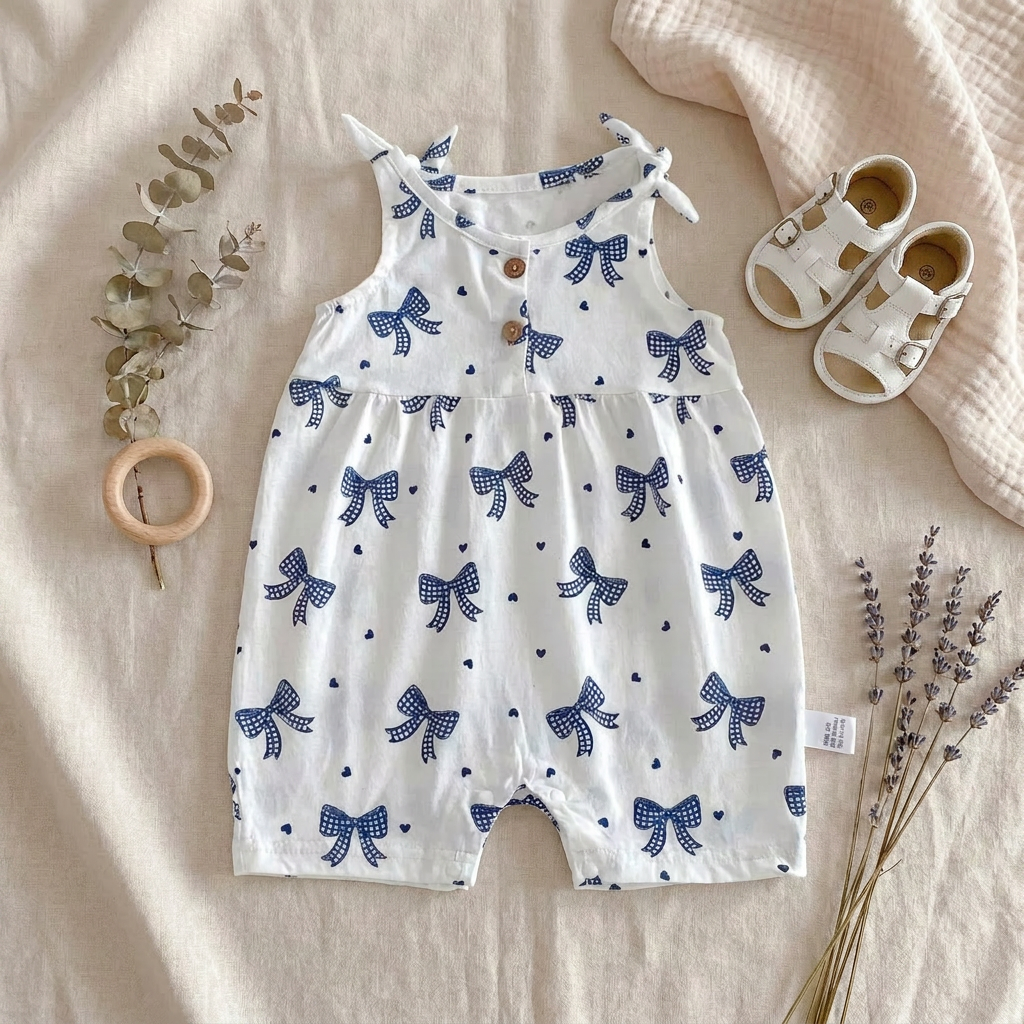 White and blue bow print baby girl jumpsuit laid flat next to white baby sandals and a wooden ring teether.