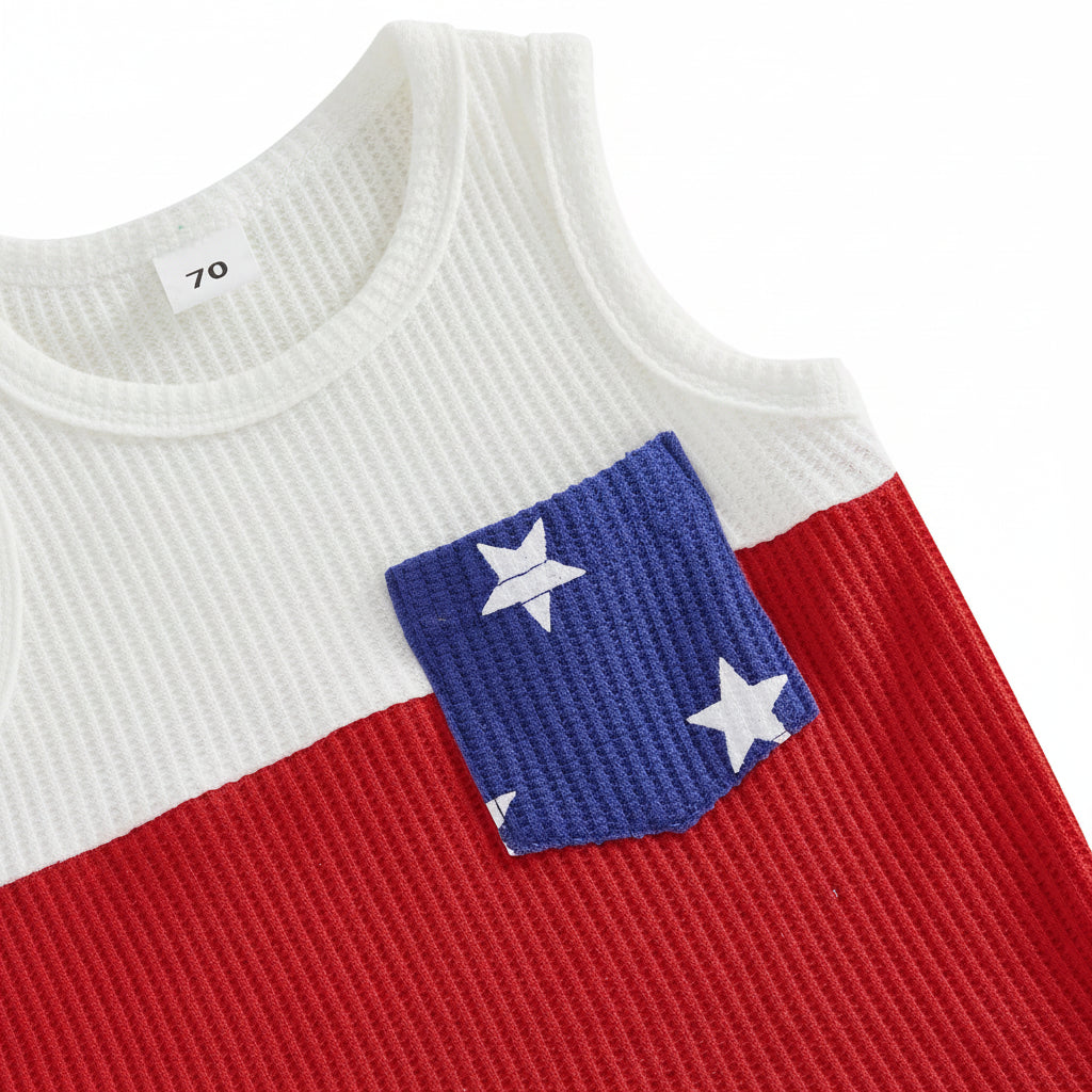 Close-up of the blue and white star-print pocket on the ribbed toddler boys patriotic tank top.