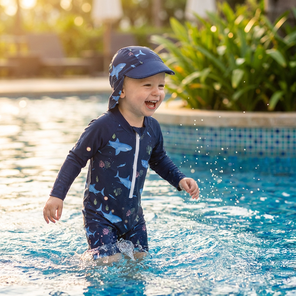 Child in a pool wearing a navy long sleeve swimsuit with shark patterns and a matching cap.