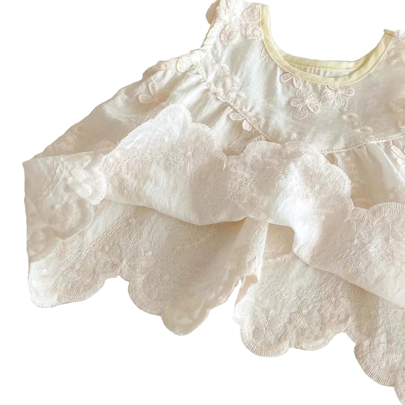 Soft and breathable layered fabric of a white floral baby tunic showing the high-quality embroidery and sheer lace finish.