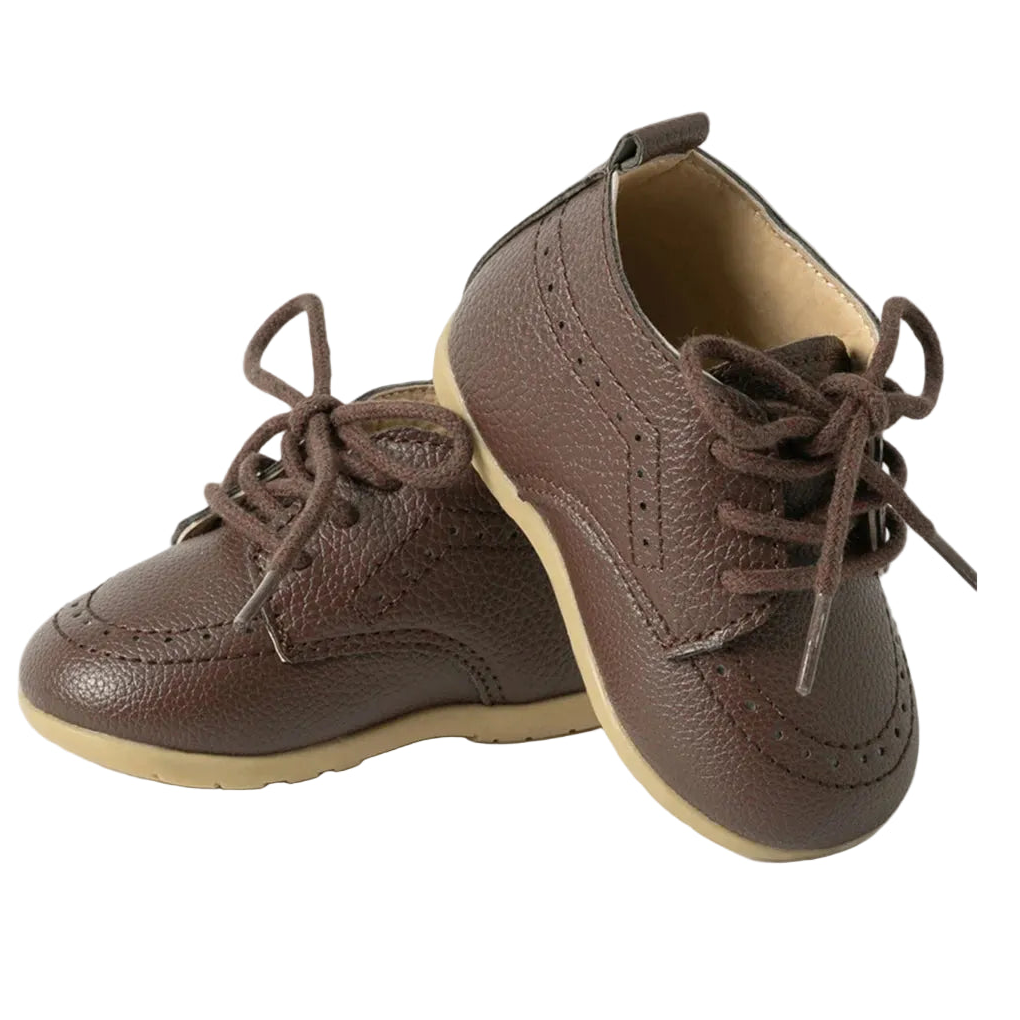 Pair of classic brown textured pebbled faux leather infant dress shoes by Kidsely, perfect for rustic weddings and autumn photoshoots.