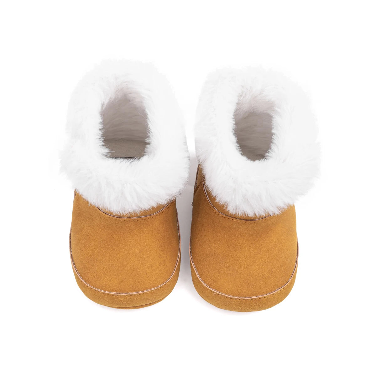 Top-down view of brown baby prewalker booties highlighting the soft bottom and wide plush opening.