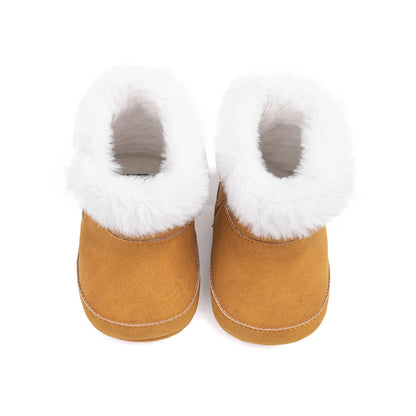 Top-down view of brown baby prewalker booties highlighting the soft bottom and wide plush opening.