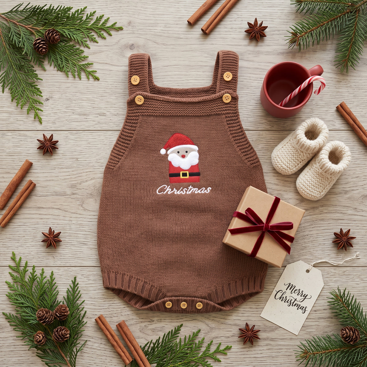 A festive top-down flat lay featuring the brown knit Santa romper surrounded by pine sprigs, cinnamon sticks, a small wrapped gift, a red mug, and white knit baby booties.
