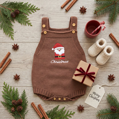 A festive top-down flat lay featuring the brown knit Santa romper surrounded by pine sprigs, cinnamon sticks, a small wrapped gift, a red mug, and white knit baby booties.