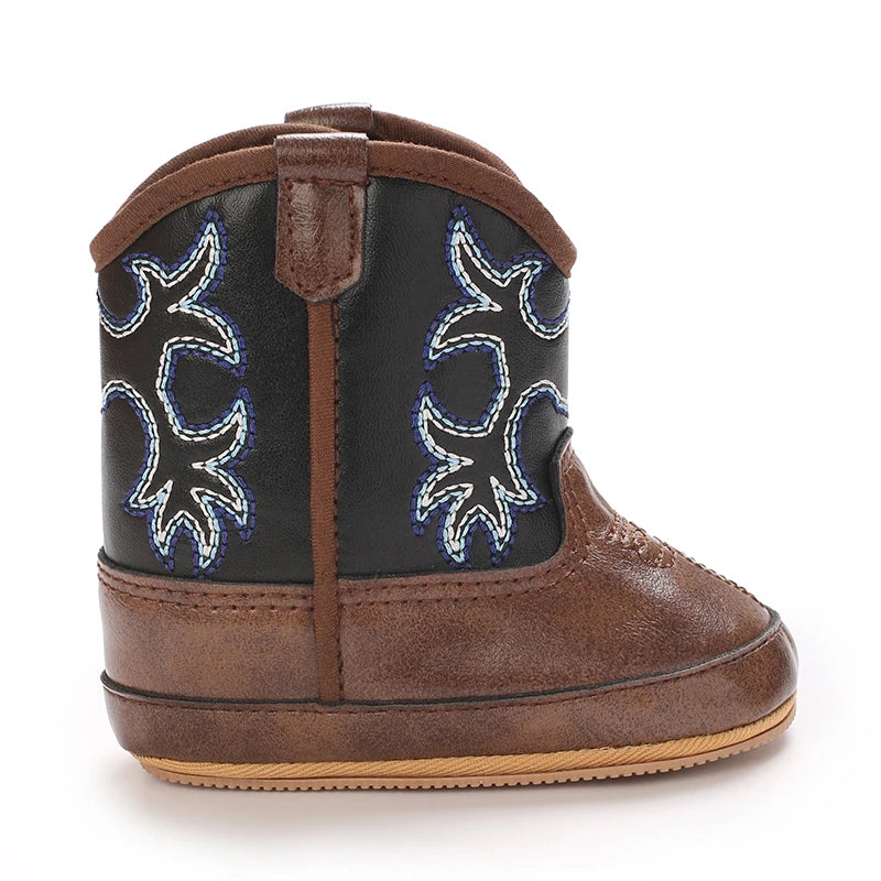 Side profile of a waterproof brown two-tone baby cowboy boot.
