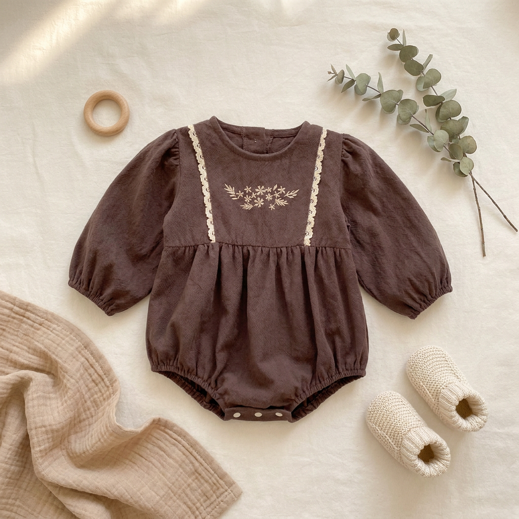 Flat lay aesthetic photo of the brown floral embroidered baby girl bubble romper styled with cream baby booties and a wooden teething ring.