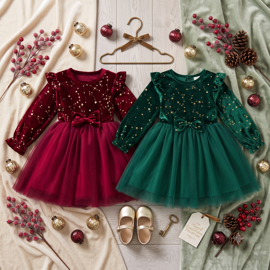 Flatlay of burgundy and emerald green girls holiday party dresses with gold stars, laid next to Christmas ornaments and holiday decor.