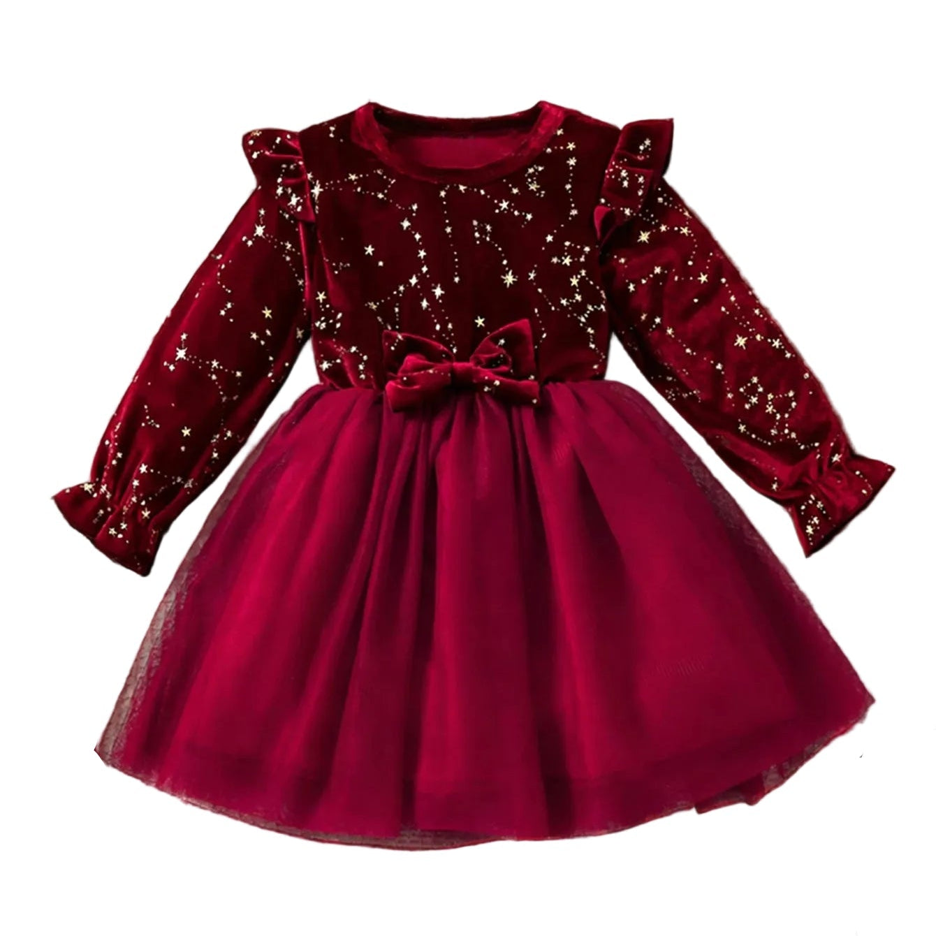 Burgundy stretch velvet and tulle girls Christmas party dress featuring a gold star pattern and front waist bow.
