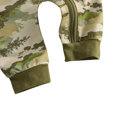 Close-up of the soft olive green ankle cuffs and zipper track on the baby boy camo jumpsuit.