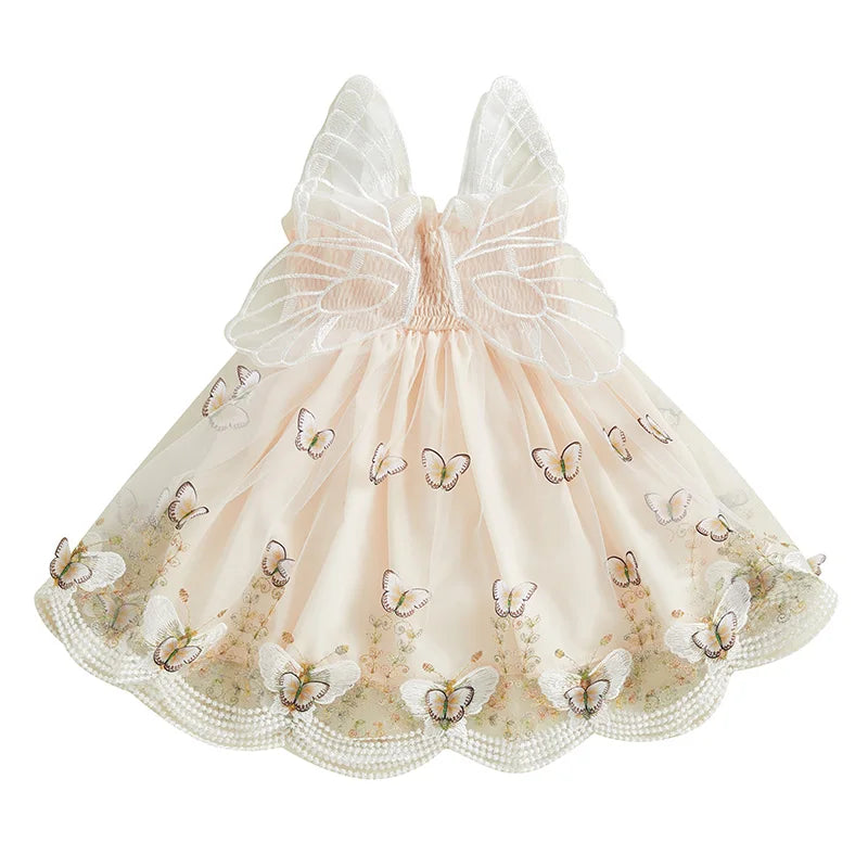 Champagne Cream Butterfly Embroidery Toddler Girls Fairy Dress with smocked bodice and layered tulle for Mother's Day and Easter.
