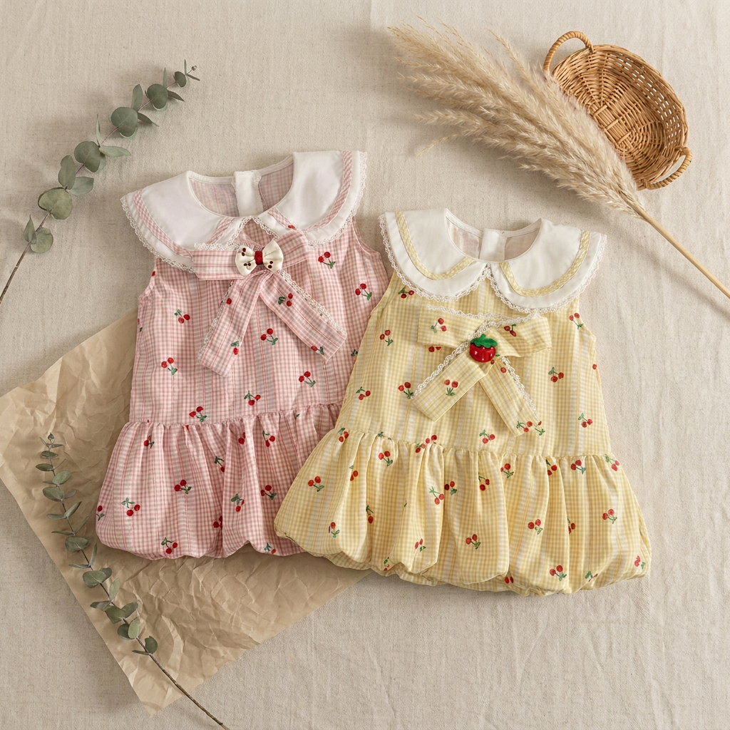 Pink and yellow cherry print toddler bubble dresses styled on a woven mat with rustic floral props.